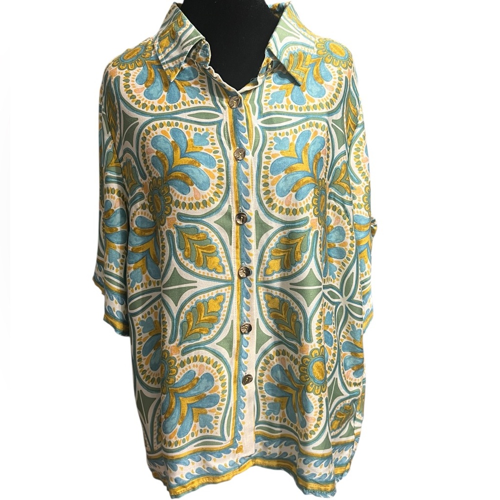 Haute Hippie Button Down Shirt L Green Blue Floral